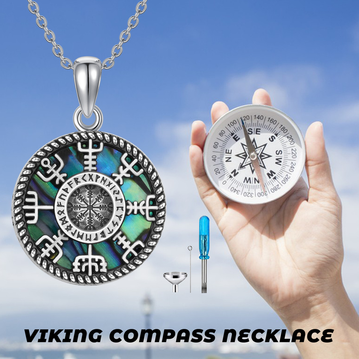 Sterling Silver Compass & Viking Rune Nordic Odin Urn Necklace for Ashes-5