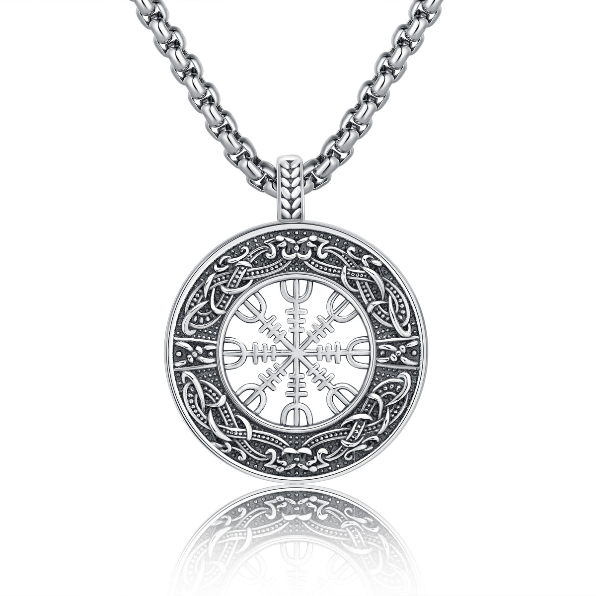 Collier en argent sterling avec pendentif boussole et runes vikings-1