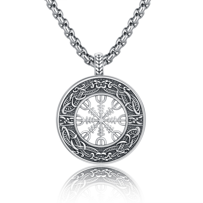 Sterling Silver Compass & Viking Rune Pendant Necklace-17