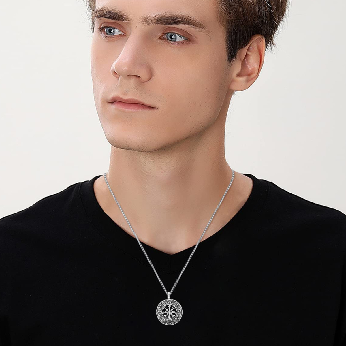 Collier en argent sterling avec pendentif boussole et runes vikings-2