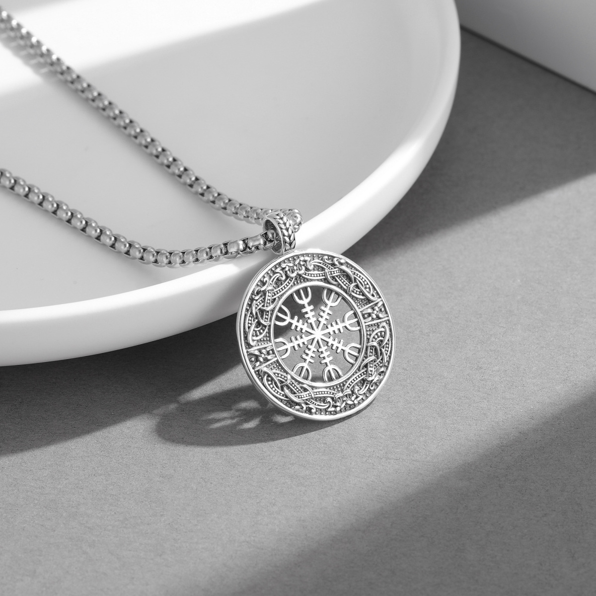 Sterling Silver Compass & Viking Rune Pendant Necklace-3