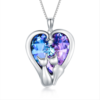 Sterling Silver Couple Cat & Heart Crystal Pendant Necklace-3