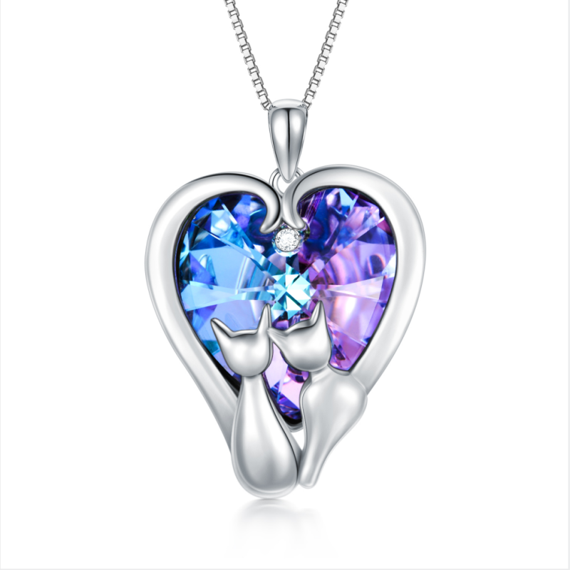 Sterling Silver Couple Cat & Heart Crystal Pendant Necklace-13
