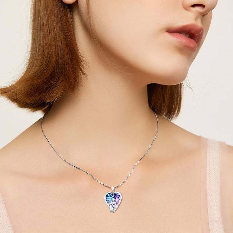 Sterling Silver Couple Cat & Heart Crystal Pendant Necklace-2
