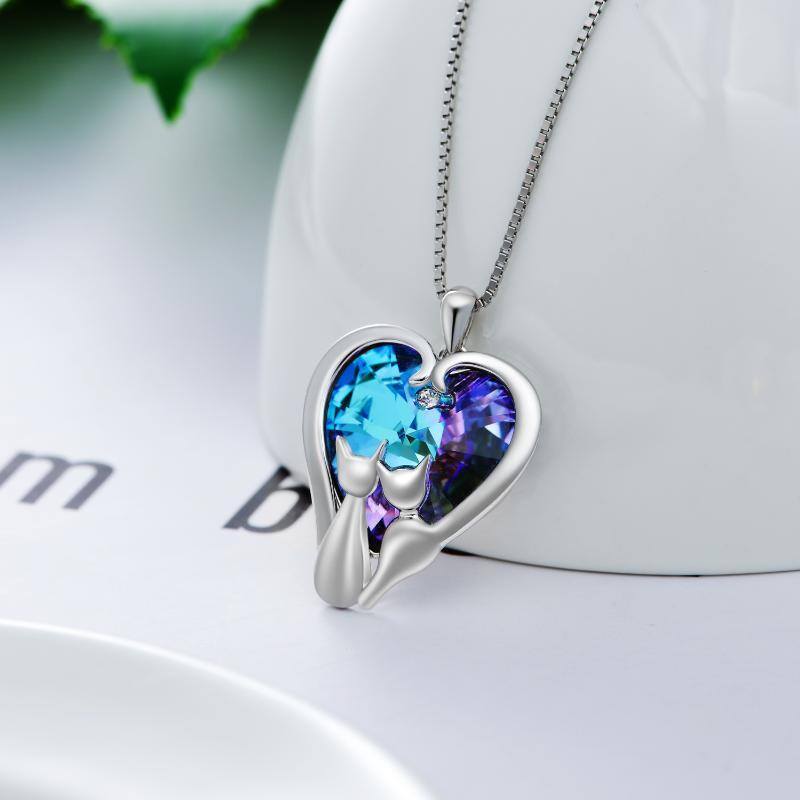 Sterling Silver Couple Cat & Heart Crystal Pendant Necklace-3