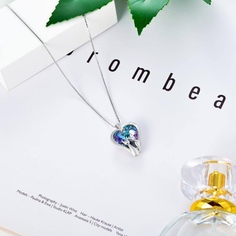 Sterling Silver Couple Cat & Heart Crystal Pendant Necklace-4