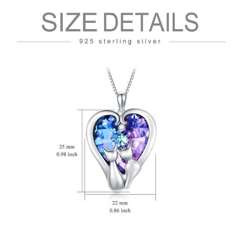 Sterling Silver Couple Cat & Heart Crystal Pendant Necklace-5
