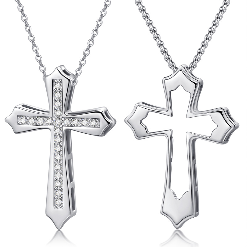 Sterling Silver Cubic Zirconia Couple Cross Pendant Necklace for Men Women