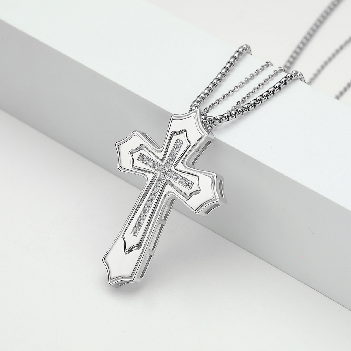 Sterling Silver Cubic Zirconia Couple Cross Pendant Necklace for Men Women-6