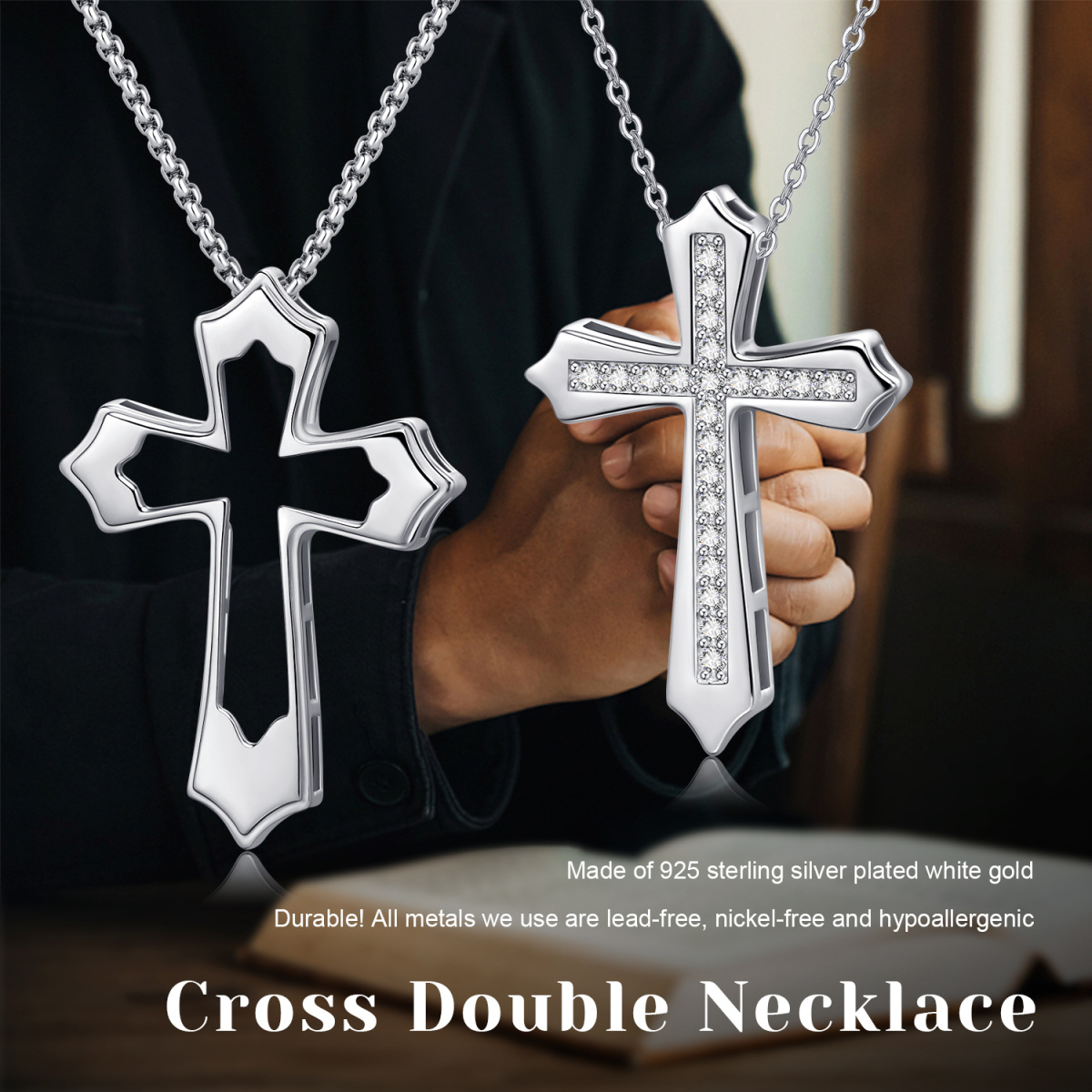 Sterling Silver Cubic Zirconia Couple Cross Pendant Necklace for Men Women-8