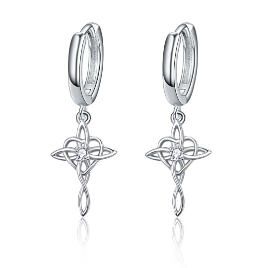 Sterling Silver Cubic Zirconia Cross With Celtic Knot Drop Earrings For Women