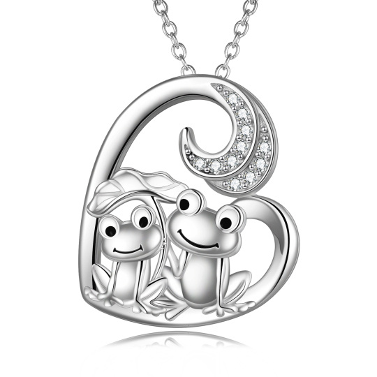 Collana con ciondolo a cuore con coppia di rane e foglie di loto in argento sterling con zirconi cubici