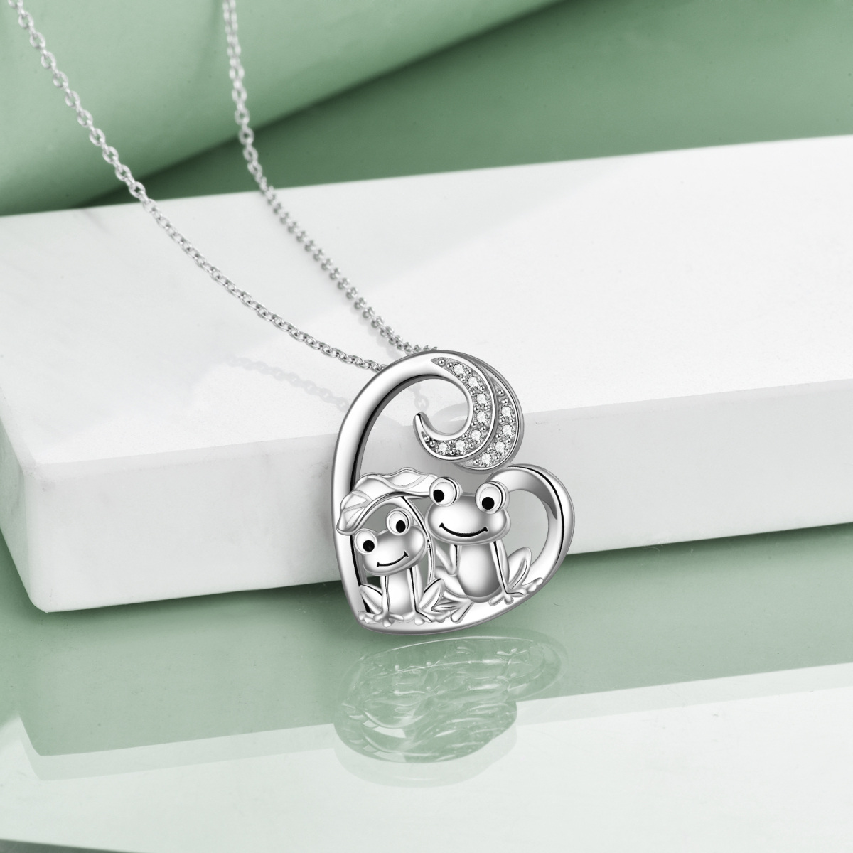 Sterling Silber Cubic Zirkonia Paar Frosch & Lotus Blatt Herz Anhänger Halskette-3