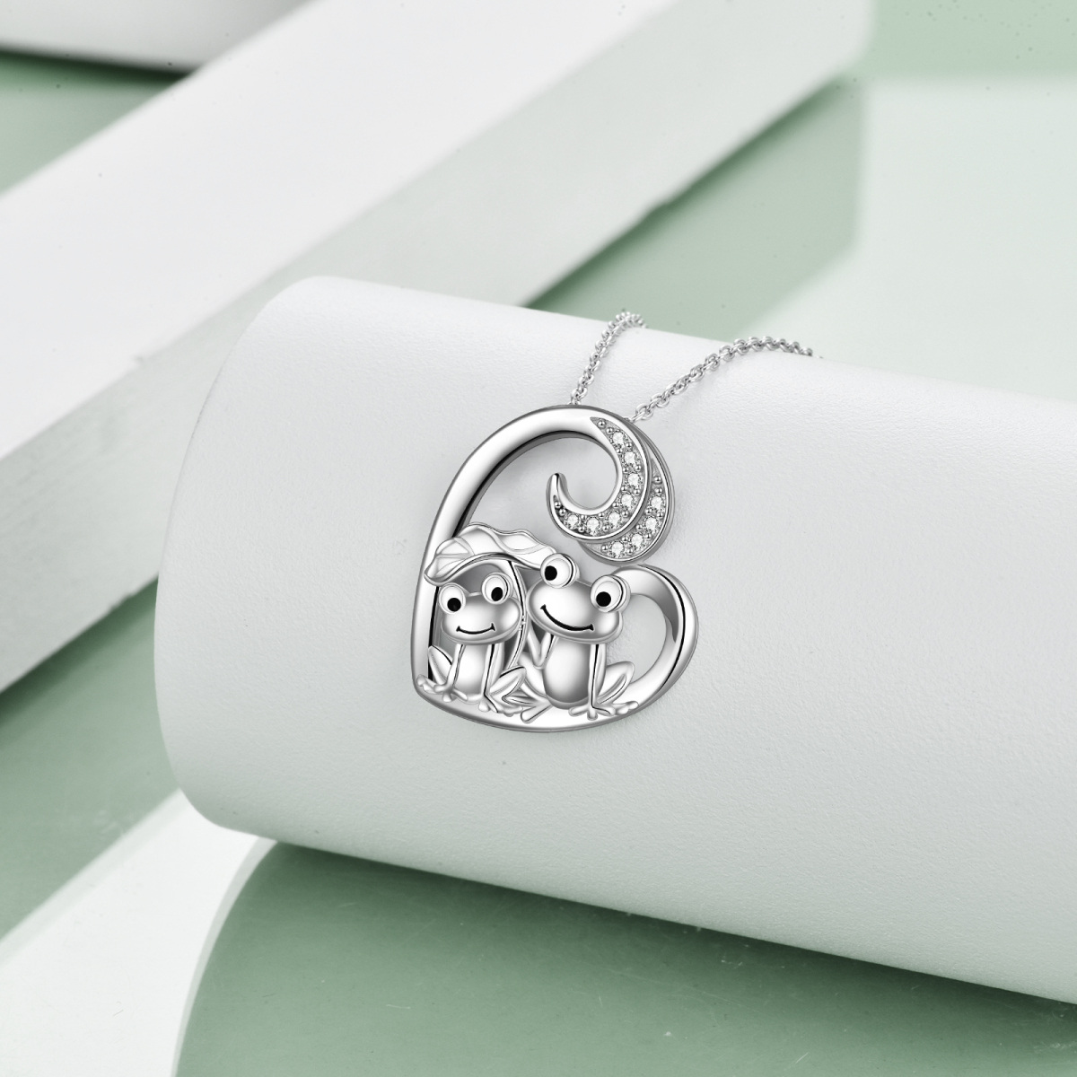 Sterling Silber Cubic Zirkonia Paar Frosch & Lotus Blatt Herz Anhänger Halskette-4