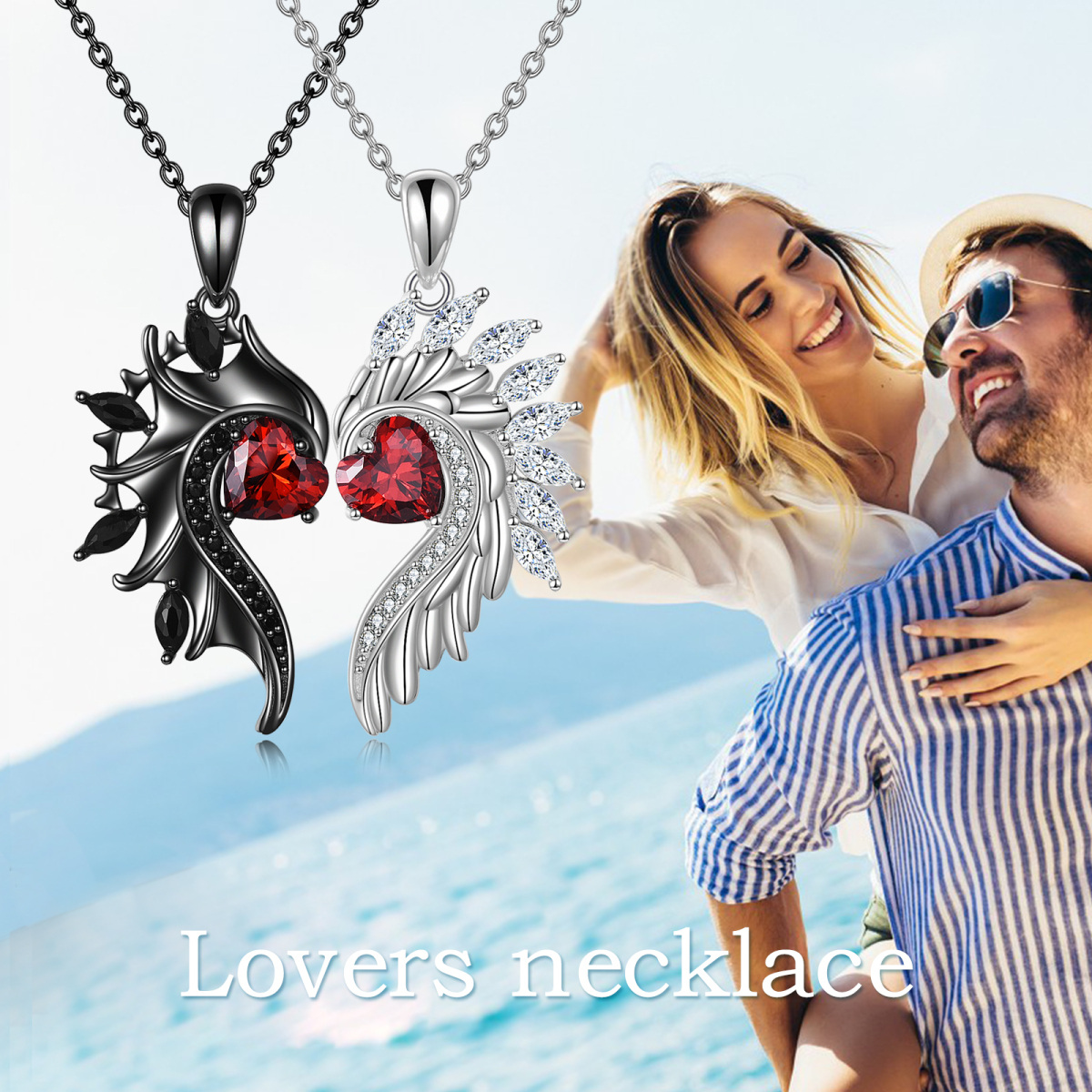 Sterling Silver Cubic Zirconia Couple & Heart Pendant Necklace-3