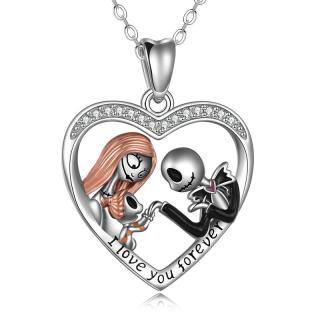 Sterling Silver Cubic Zirconia Couple & Heart Pendant Necklace with Engraved Word-59