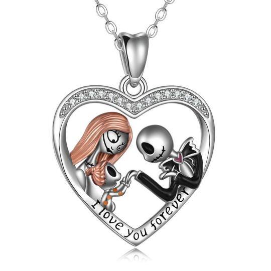 Sterling Silver Cubic Zirconia Couple & Heart Pendant Necklace with Engraved Word-3