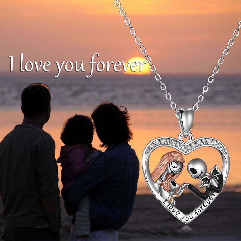 Sterling Silver Cubic Zirconia Couple & Heart Pendant Necklace with Engraved Word-3