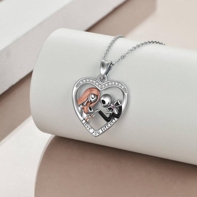 Sterling Silver Cubic Zirconia Couple & Heart Pendant Necklace with Engraved Word-4