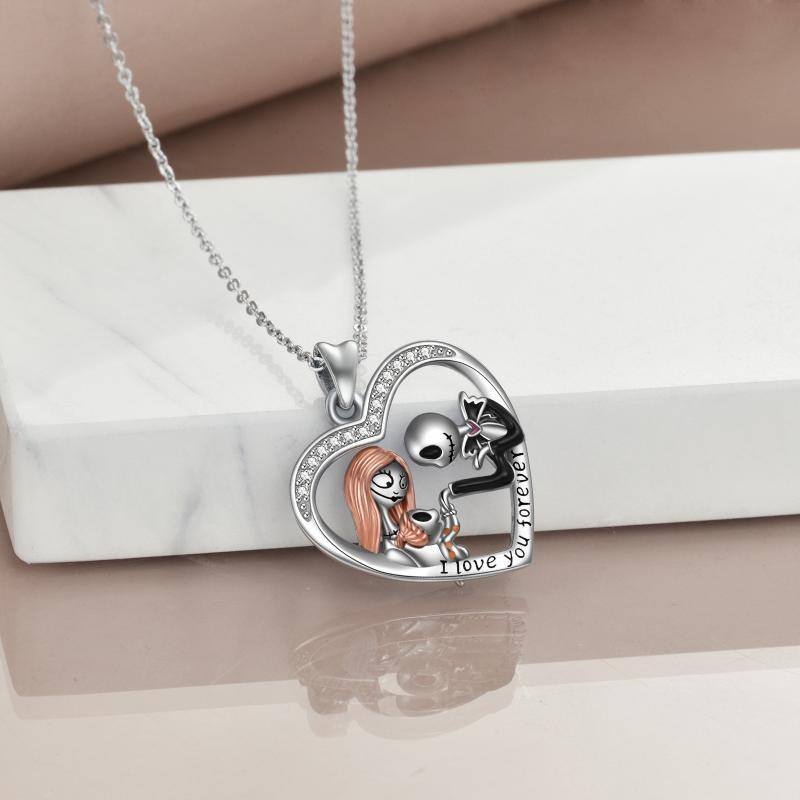 Sterling Silver Cubic Zirconia Couple & Heart Pendant Necklace with Engraved Word-5