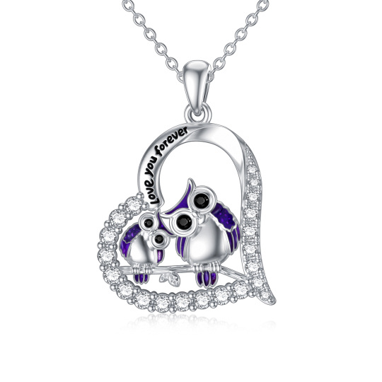 Collier en argent sterling avec pendentif en forme de coeur de couple de hibou en zirconium cubique et mot gravé