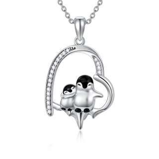 Sterling Silver Cubic Zirconia Couple Penguin & Heart Melting Ice Pendant Necklace-54