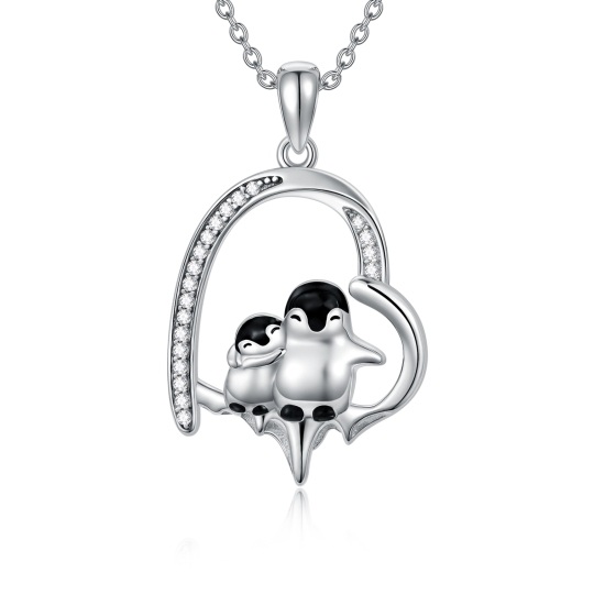 Collier en argent sterling avec pendentif en zircon cubique représentant un couple de pingouins et un coeur en train de fondre la glace