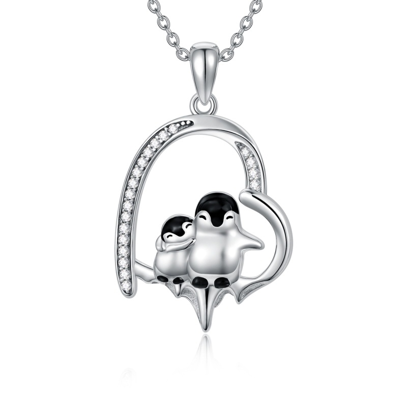 Collana con ciondolo in argento sterling con coppia di pinguini e cuori che si sciolgono nel ghiaccio-13