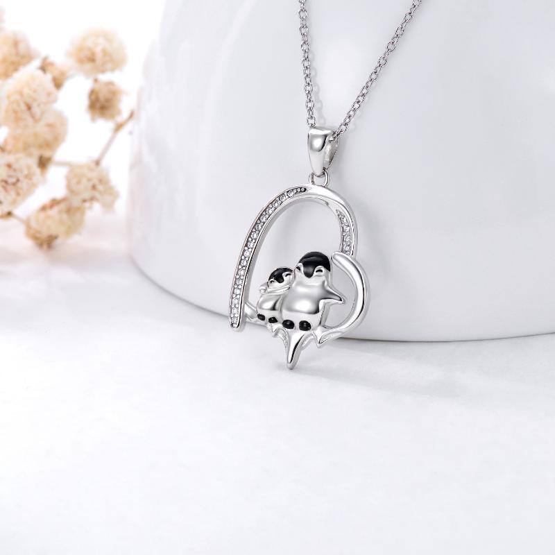 Sterling Silver Cubic Zirconia Couple Penguin & Heart Melting Ice Pendant Necklace-3