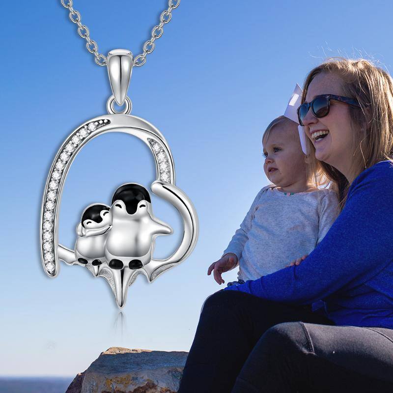 Plata de ley Cubic Zirconia Pareja Pingüino y Corazón Melting Ice Collar Colgante-6