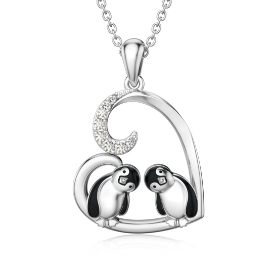 Collana con ciondolo a forma di coppia di pinguini e cuori in argento sterling con zirconia cubica