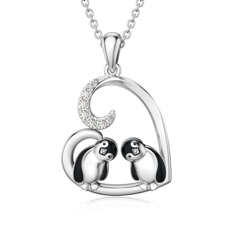 Collana con ciondolo a forma di coppia di pinguini e cuori in argento sterling con zirconia cubica-8