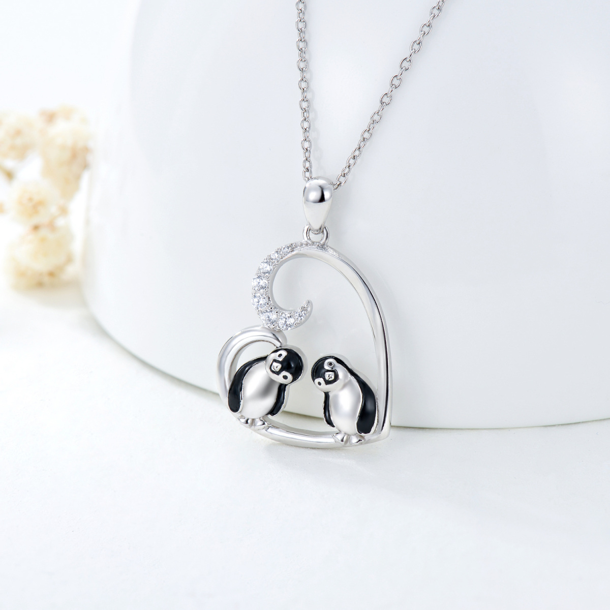 Plata de ley Cubic Zirconia Pareja Pingüino y Corazón Collar Colgante-2