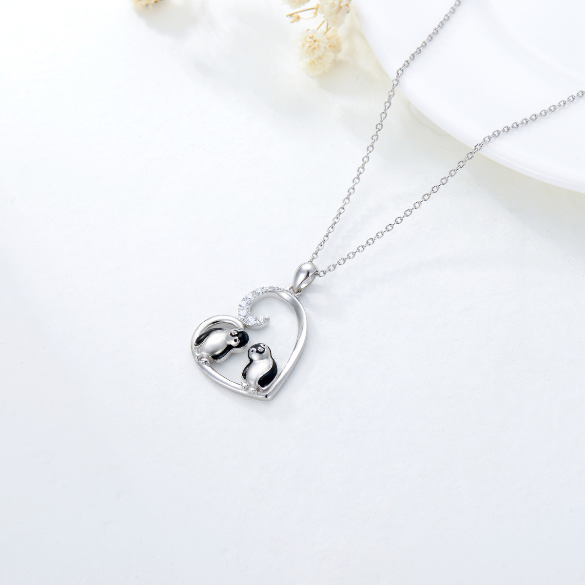 Plata de ley Cubic Zirconia Pareja Pingüino y Corazón Collar Colgante-3