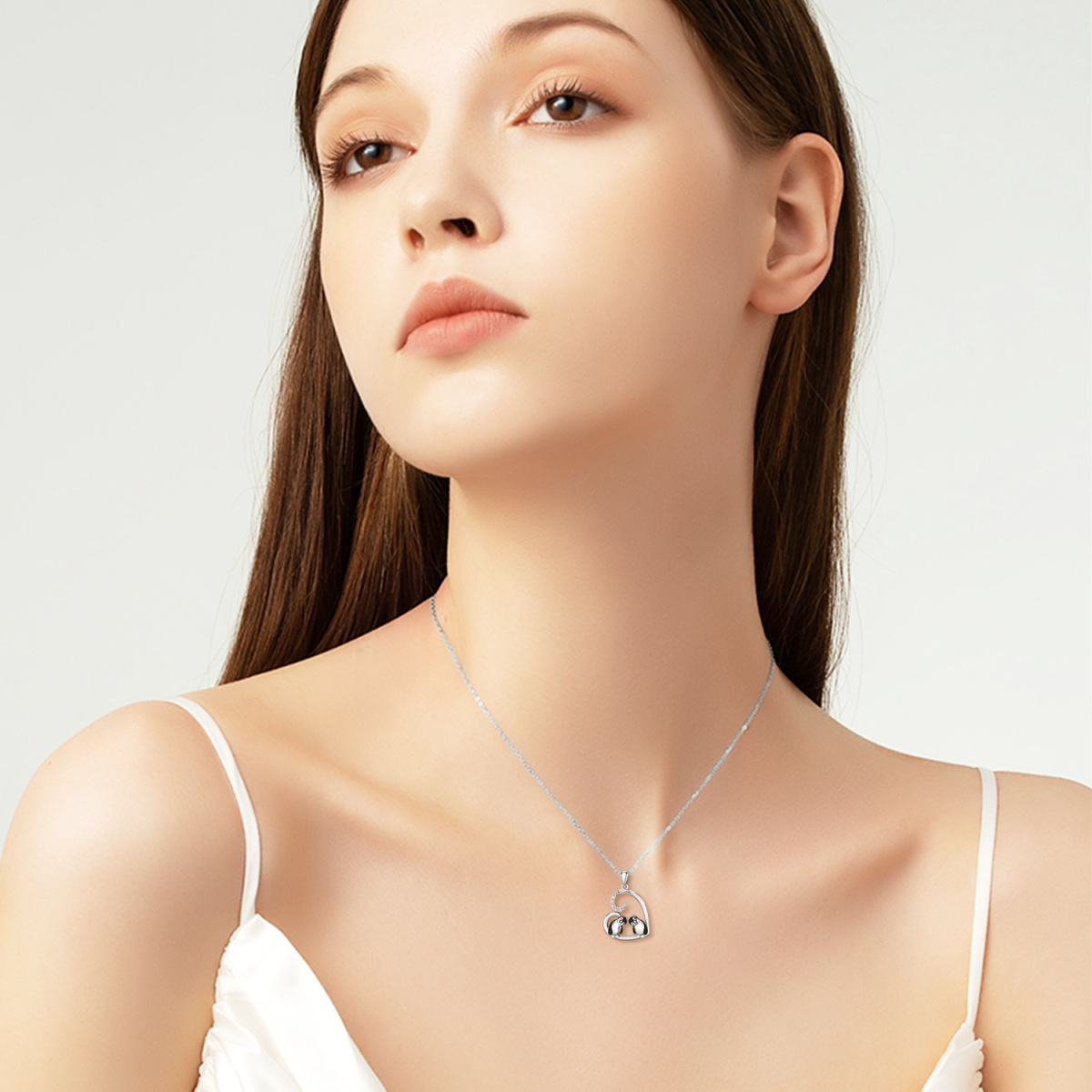 Plata de ley Cubic Zirconia Pareja Pingüino y Corazón Collar Colgante-4