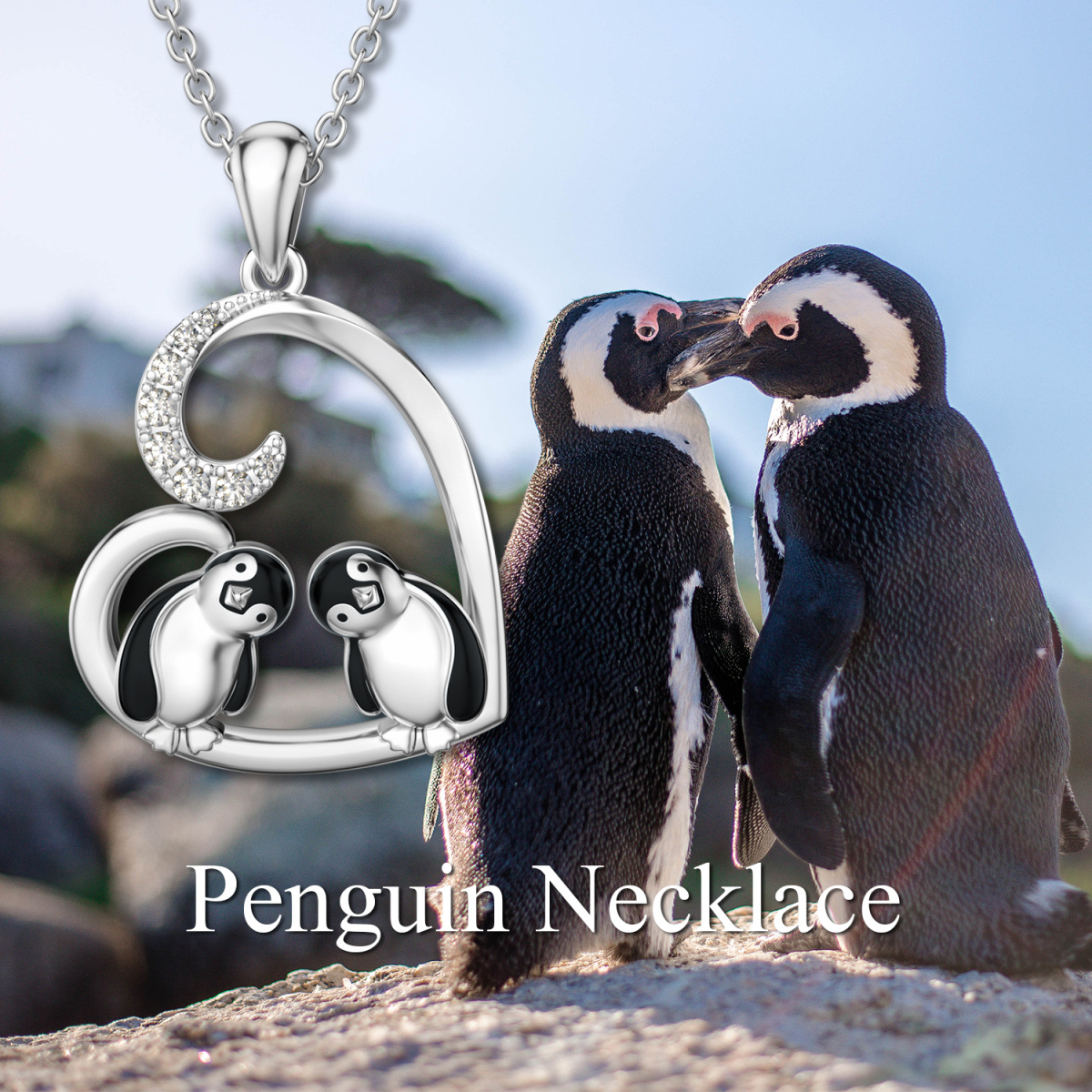 Sterling Silver Cubic Zirconia Couple Penguin & Heart Pendant Necklace-5