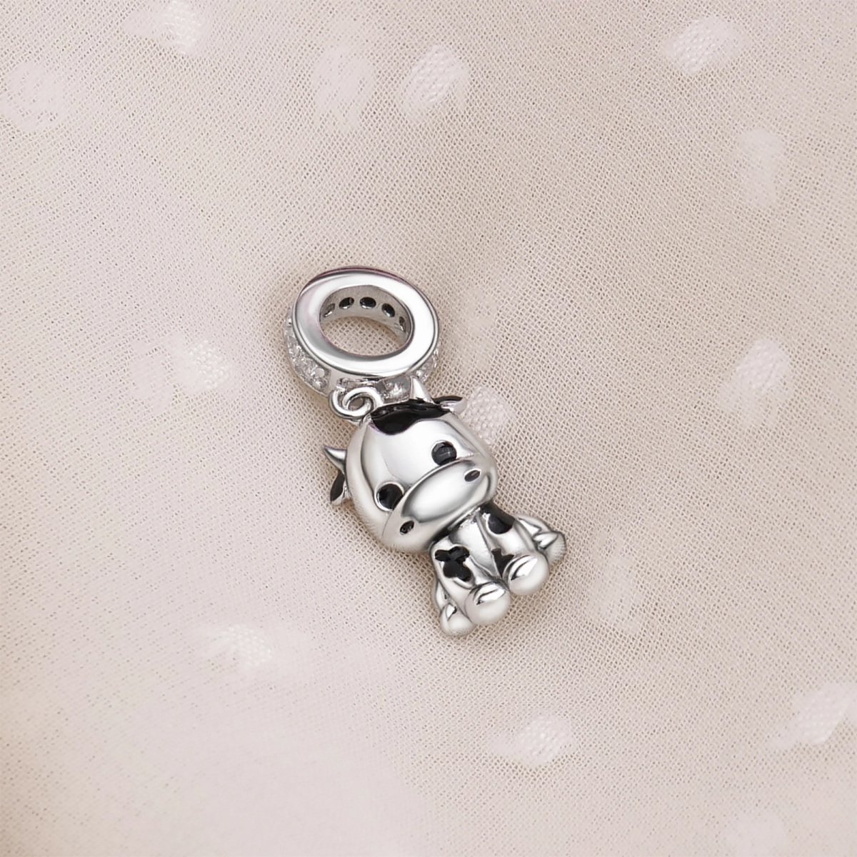 Sterling Silver Cubic Zirconia Cow Dangle Charm-3