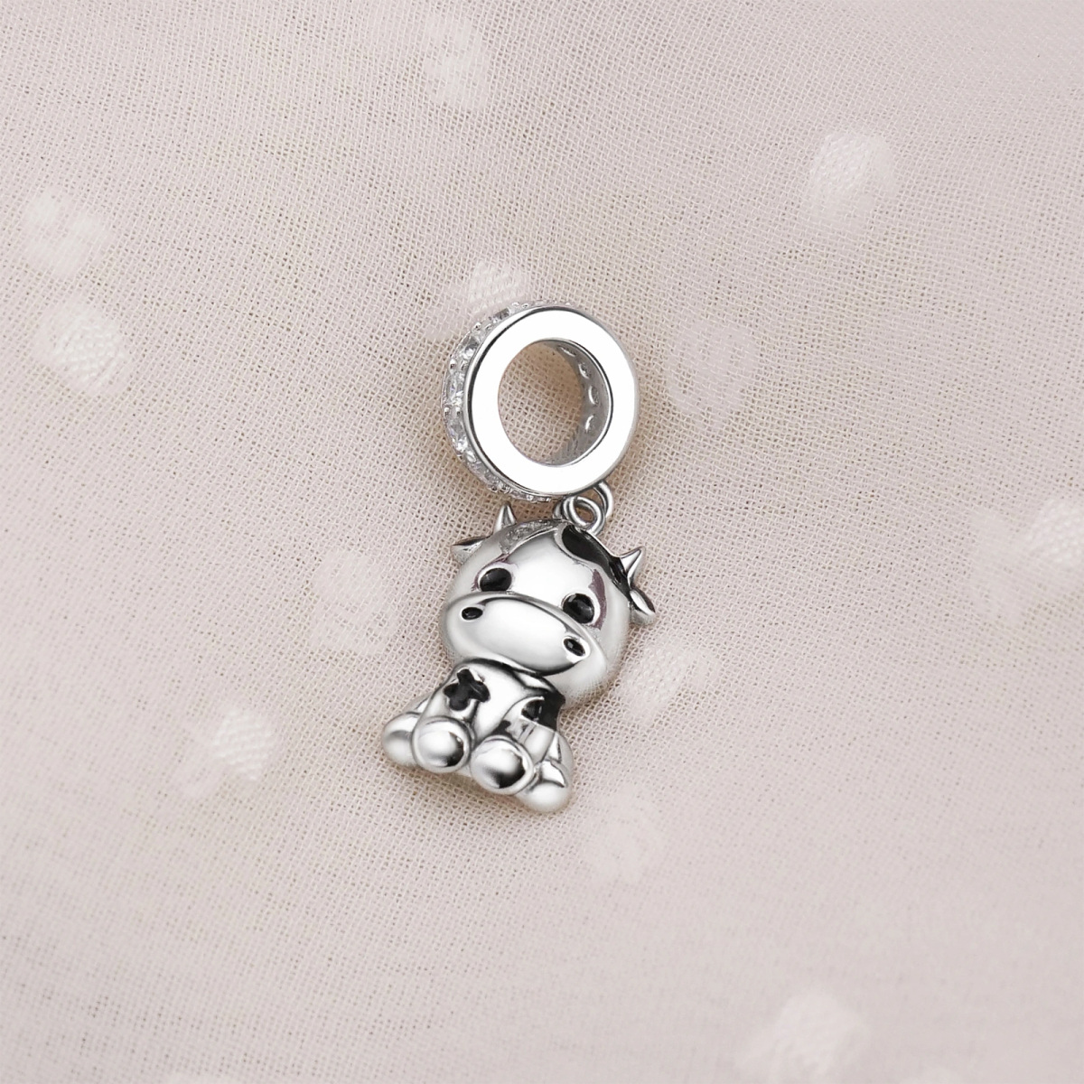 Sterling Silver Cubic Zirconia Cow Dangle Charm-4