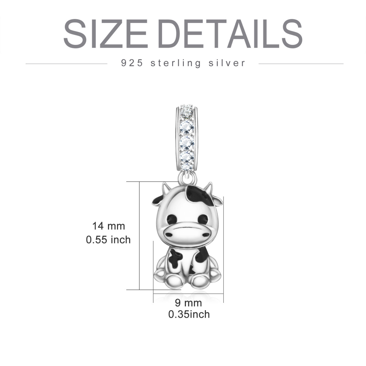 Sterling Silver Cubic Zirconia Cow Dangle Charm-5