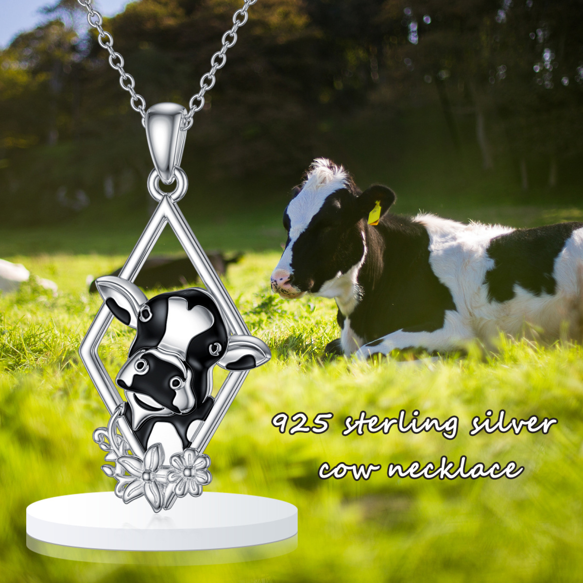 Colar com pingente de zircónio cúbico de vaca em forma de diamante em prata esterlina-3