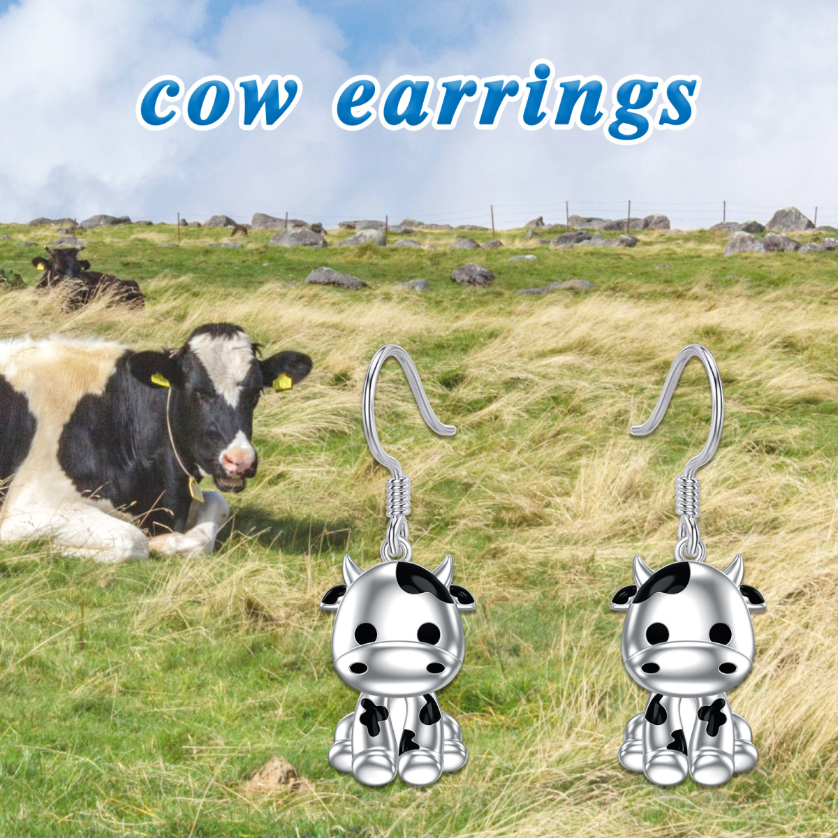 Sterling Silver Cow Drop Earrings-3