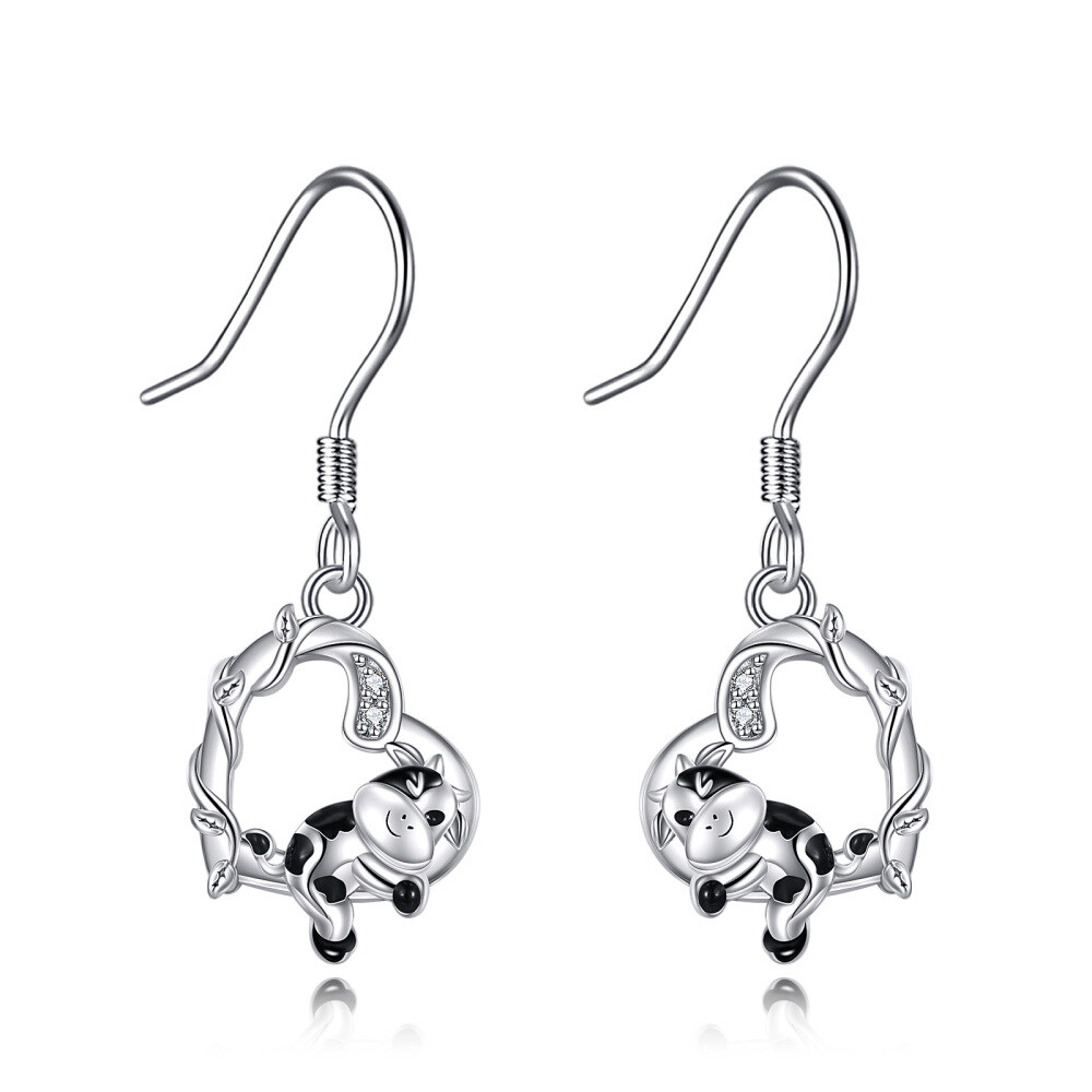 Sterling Silver Zircon Cow & Heart Drop Earrings-1