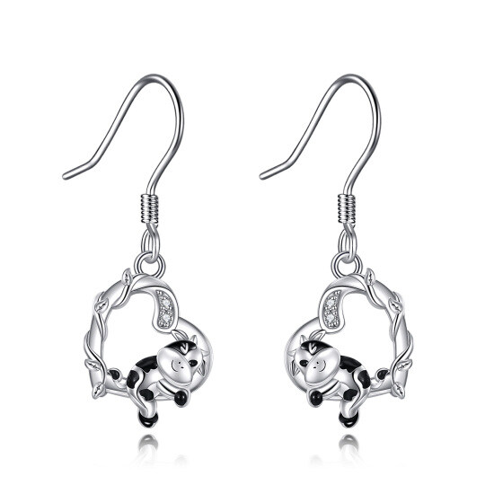 Sterling Silver Zircon Cow & Heart Drop Earrings