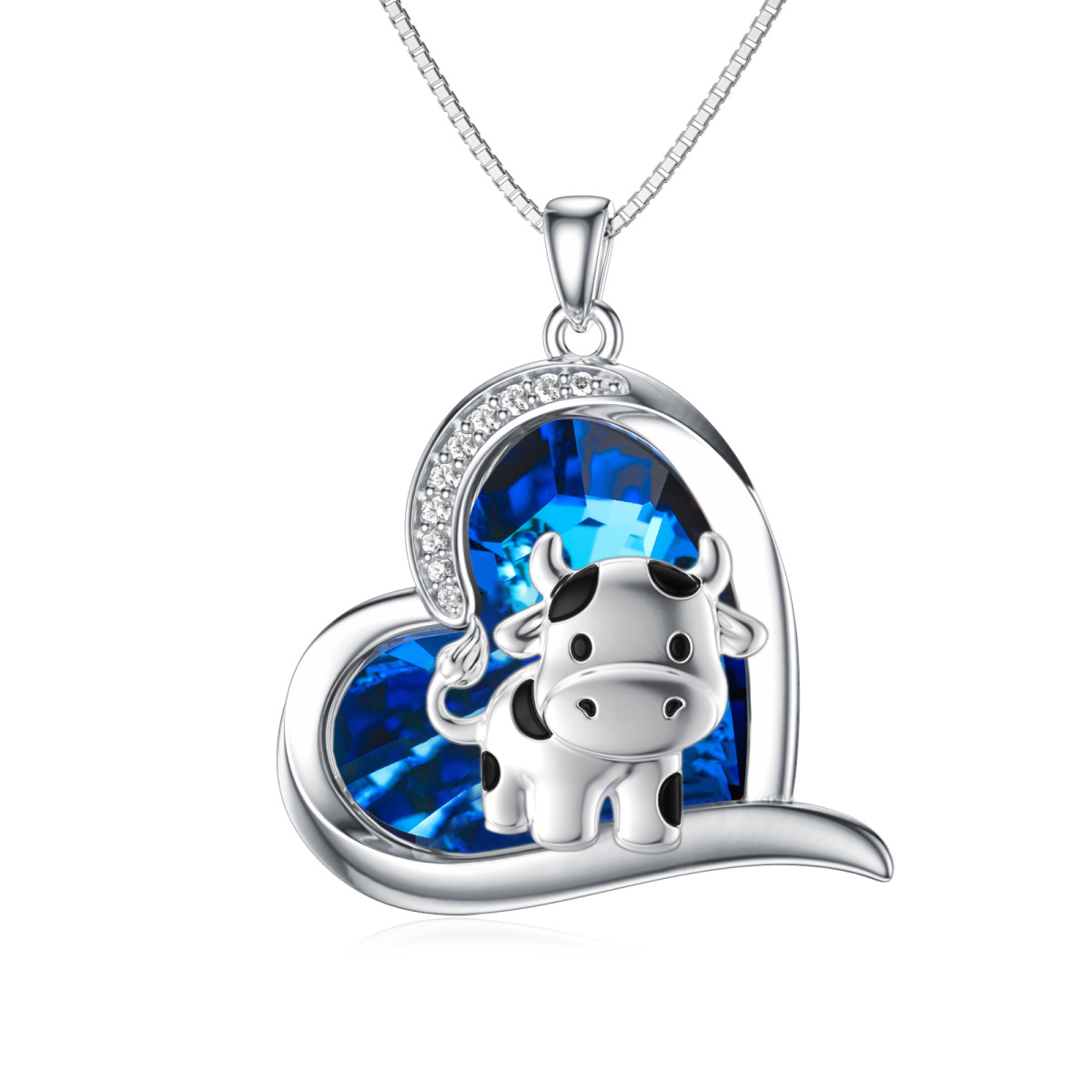 Collar de plata de ley con colgante de vaca y corazón de cristal azul-1