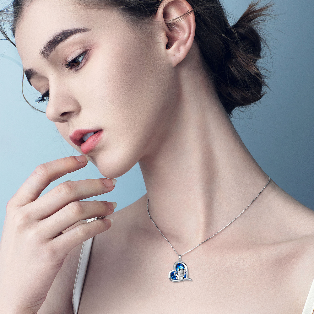 Sterling Silver Cow & Heart Blue Crystal Pendant Necklace-2