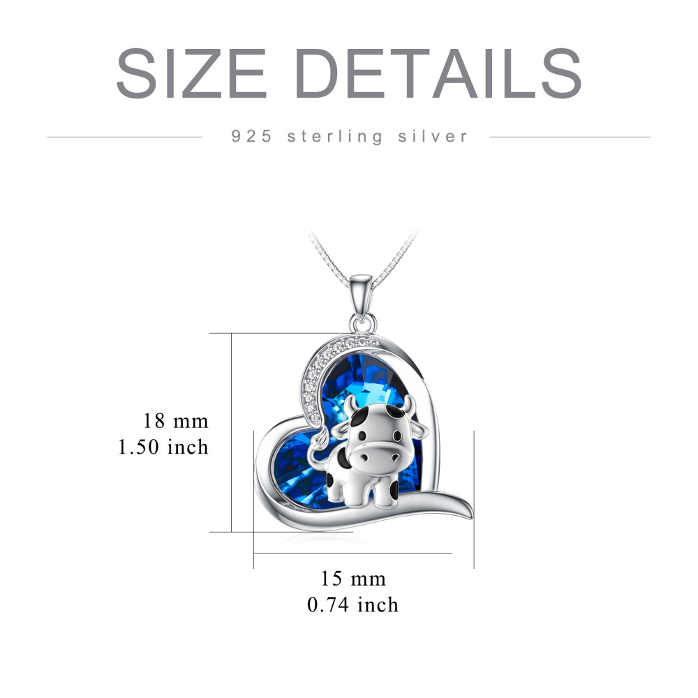 Sterling Silver Cow & Heart Blue Crystal Pendant Necklace-3