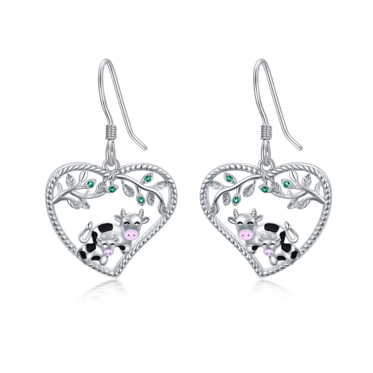 Sterling Silver Cow & Heart Drop Earrings-1