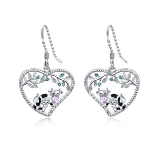 Orecchini a goccia in argento sterling con mucca e cuore