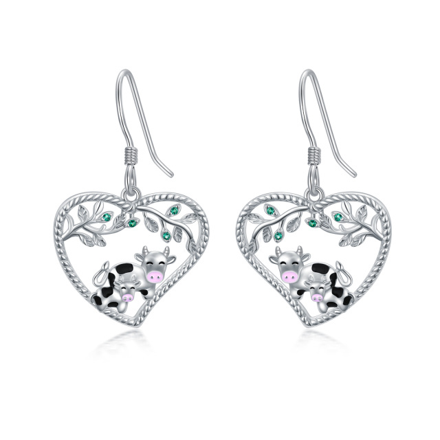 Orecchini a goccia in argento sterling con mucca e cuore-1