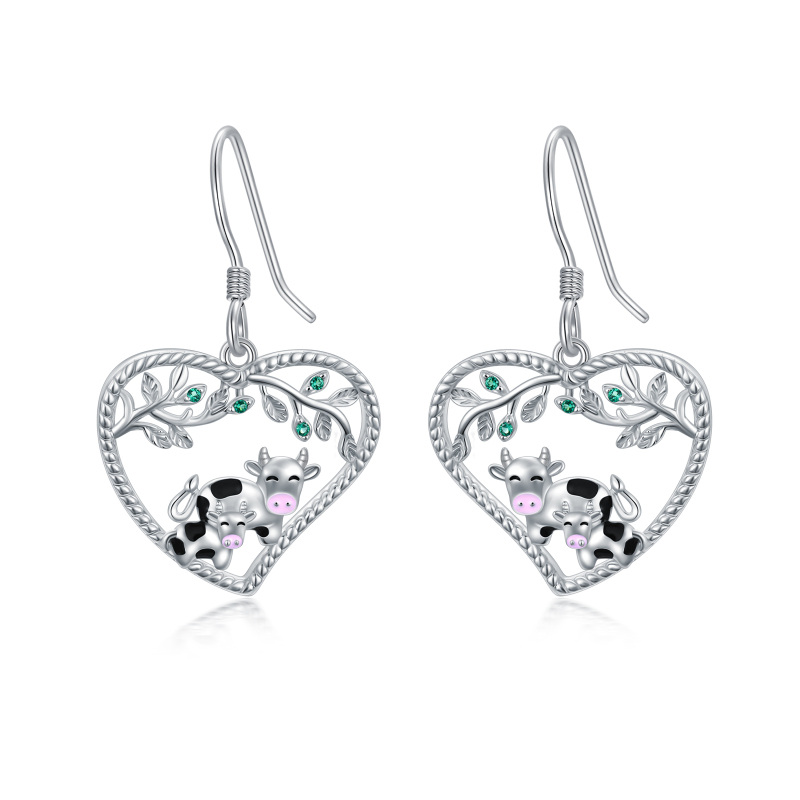 Sterling Silver Cow & Heart Drop Earrings-4